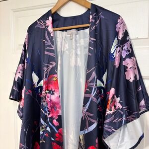 Nordstrom Floral Satin Open Front‎ Kimono Robe Kaftan Cover Up One Size L XL XXL